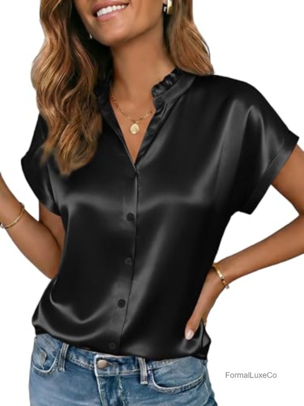 Satin Button Down Shirt Short Sleeve Ruffle Collar Women Blouse